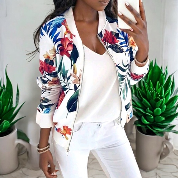 New Women's Tropical Plant Print Baseball Collar Jacket - Picture 6 of 16